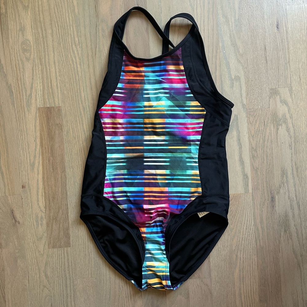 Athleta Streamline One Piece Athletic Style Swimsuit Striped Multicolored